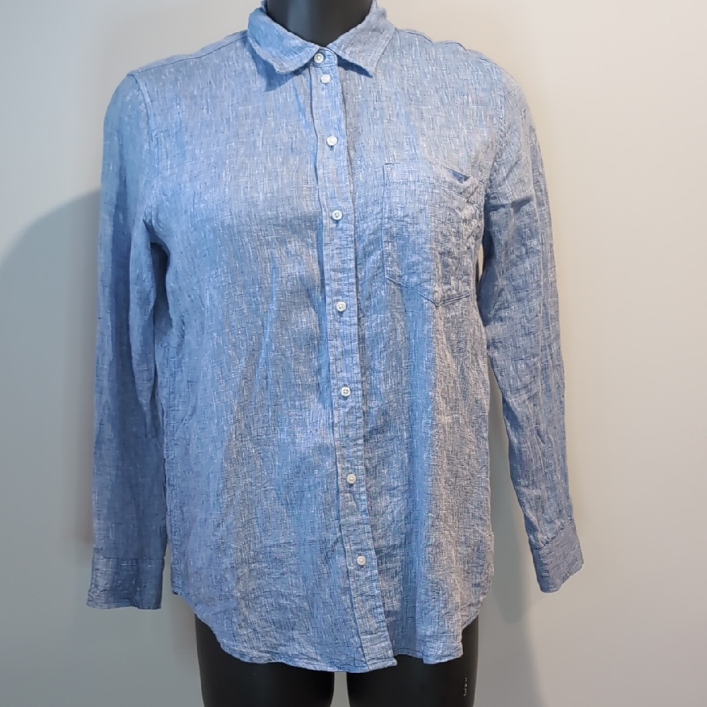 Gap 100% Linen Blue Button-Up Shirt Boyfriend Shirt